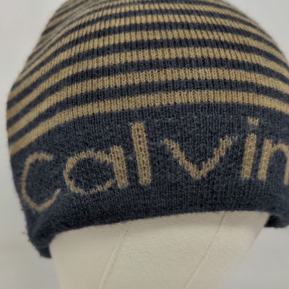 Calvin Klein Men's Beanie Hat Black 100% Acrylic Striped Spell Out - Picture 4 of 13